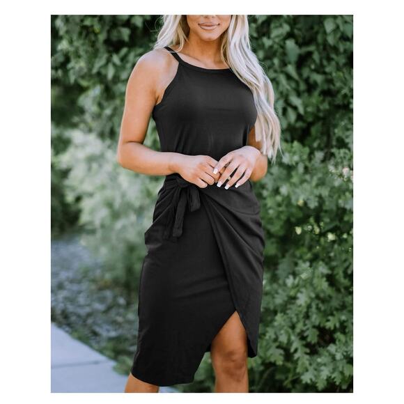 Womens Casual Sleeveless Tank Black Midi Dress Halter Neck Tie Wait Body ConXL - Picture 1 of 15
